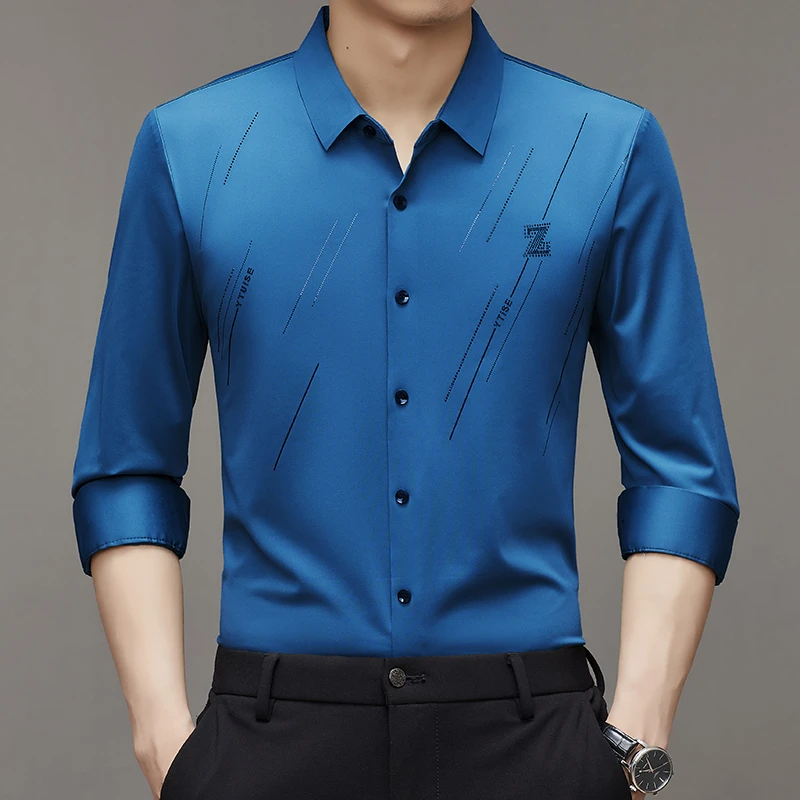 男士高档春秋季长袖衬衫商务宽松翻领上衣衬衣印花薄款韩版寸衫潮