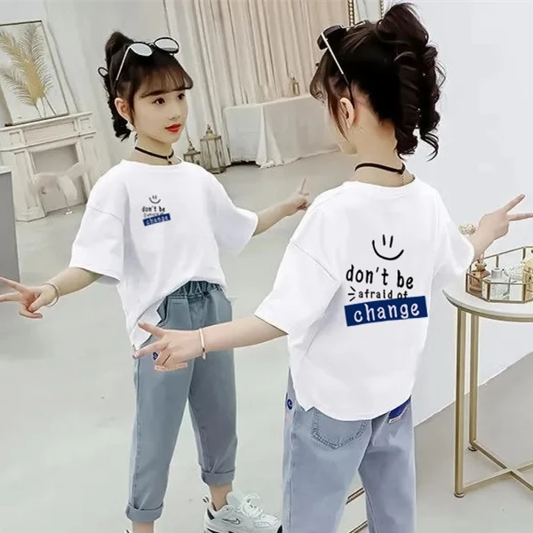 100%纯棉儿童短袖T恤女童夏装中大童学生白色上衣洋气时髦宽松t恤