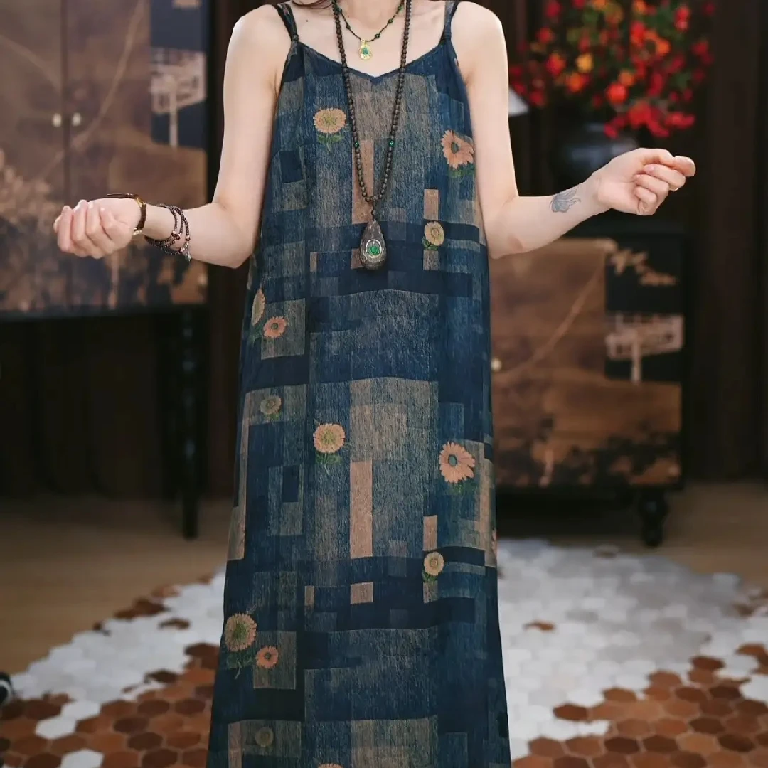 【景舒】红云纱腔调设计感宽松四季可穿中国风中式打底吊带连衣裙