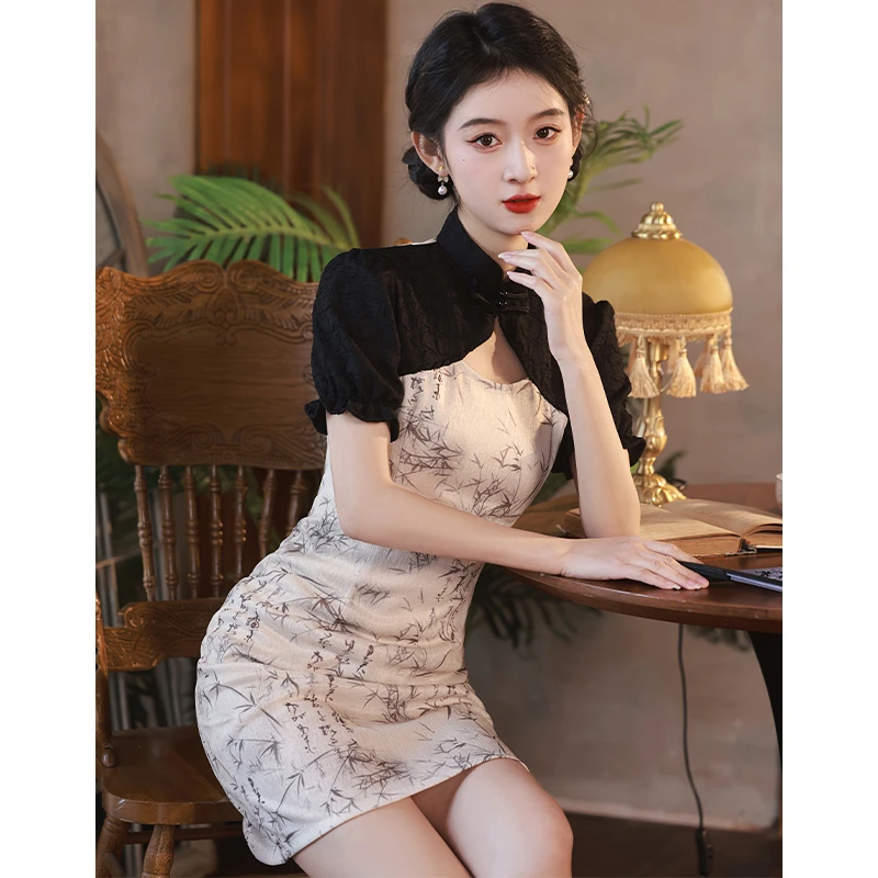 中国风旗袍新款改良夏季小个子显瘦气质少女复古修身短款新中式