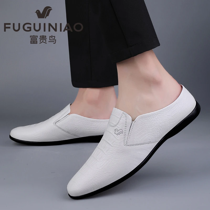 皮鞋男秋冬2025新款软底透气休闲鞋时尚百搭一脚蹬凉感吸汗半包拖