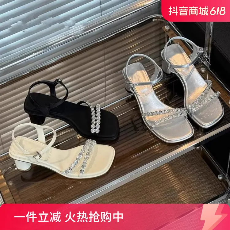 2024夏季新款仙女风水钻法式一字带粗跟气质凉鞋时尚百搭外穿中跟