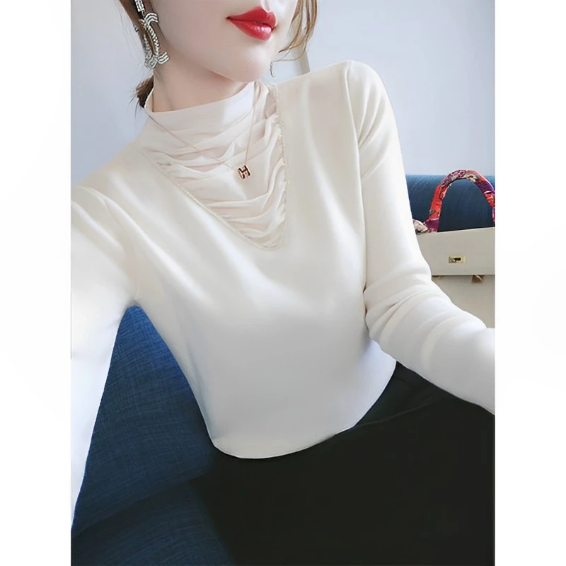 针织衫毛衣女秋装新款网纱蕾丝堆堆领时尚修身上衣长袖内搭打底衫