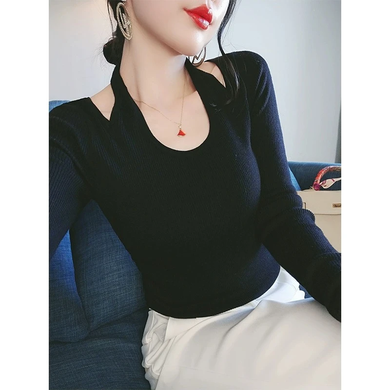 黑色u领针织羊绒打底衫女早秋季长袖内搭露肩锁骨高端羊毛衫上衣