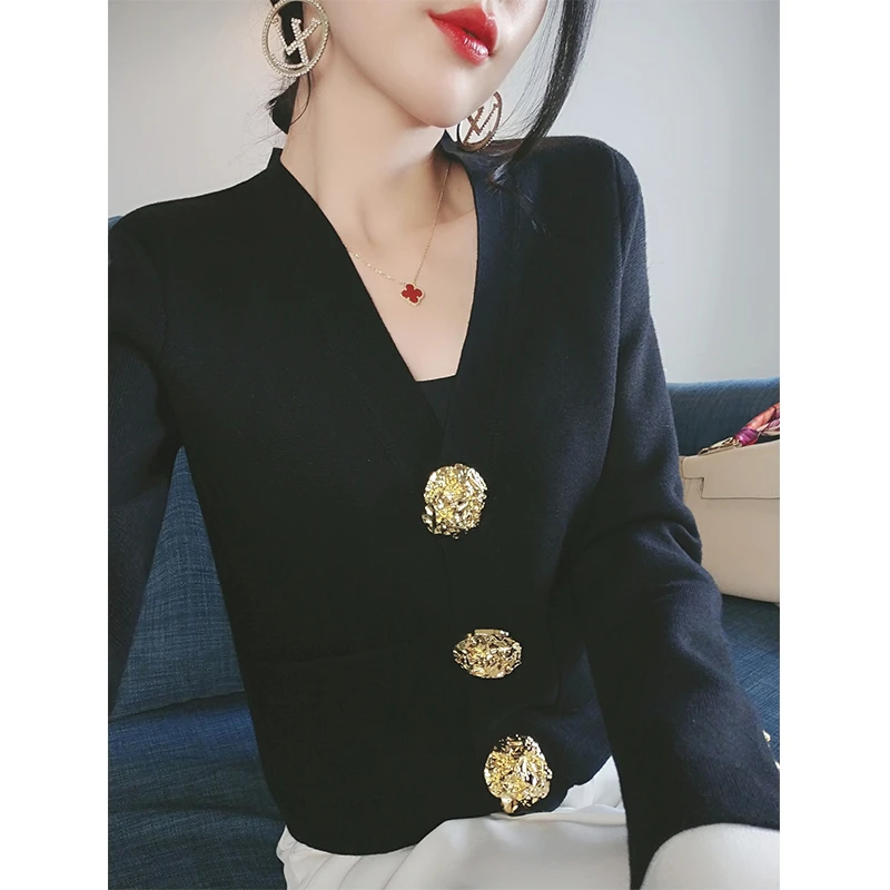 黑色针织开衫外套女秋装2023新款设计感小众修身显瘦气质v领上衣