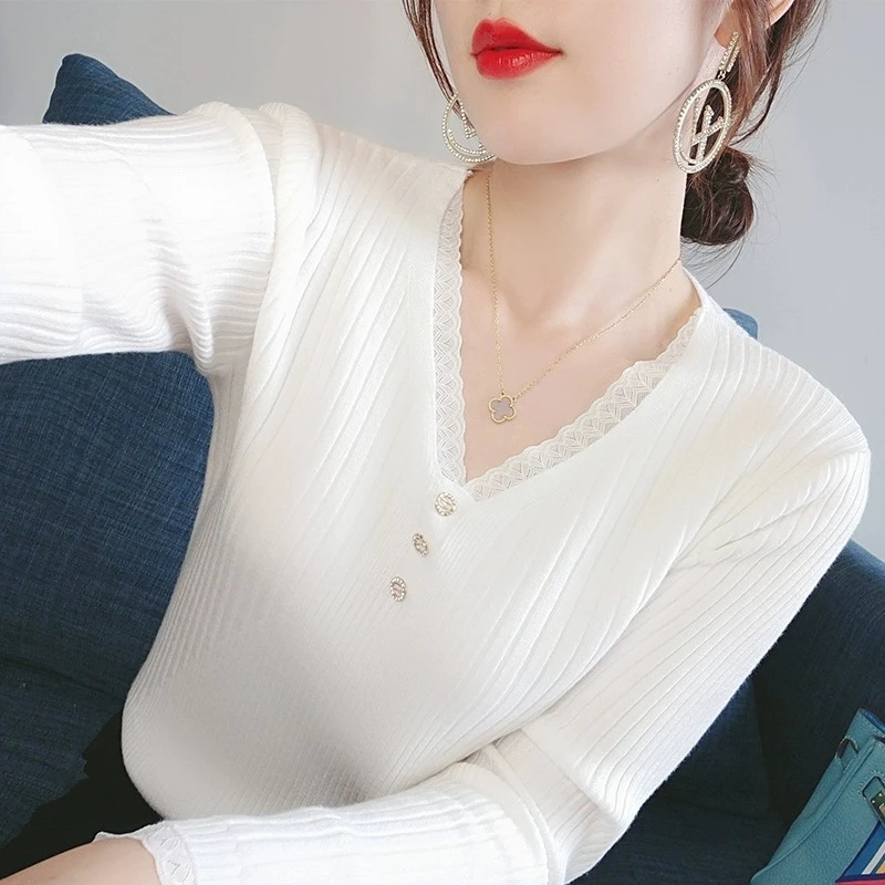 秋装新款针织衫秋装2023年宽松套头毛衣女蕾丝拼接长袖V领上衣女