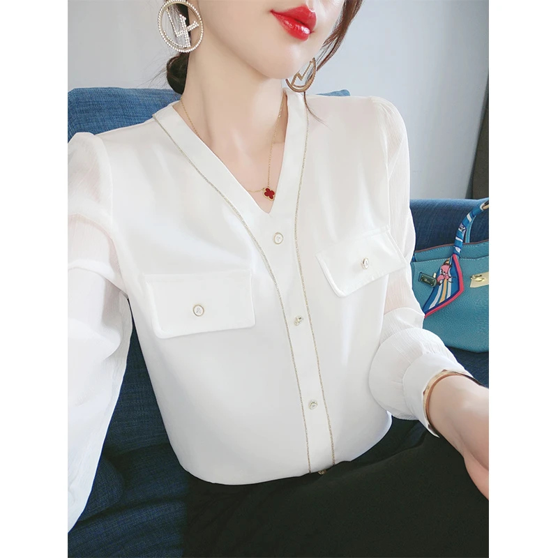 气质v领雪纺白衬衫女夏季2023新款休闲宽松百搭长袖法式别致上衣