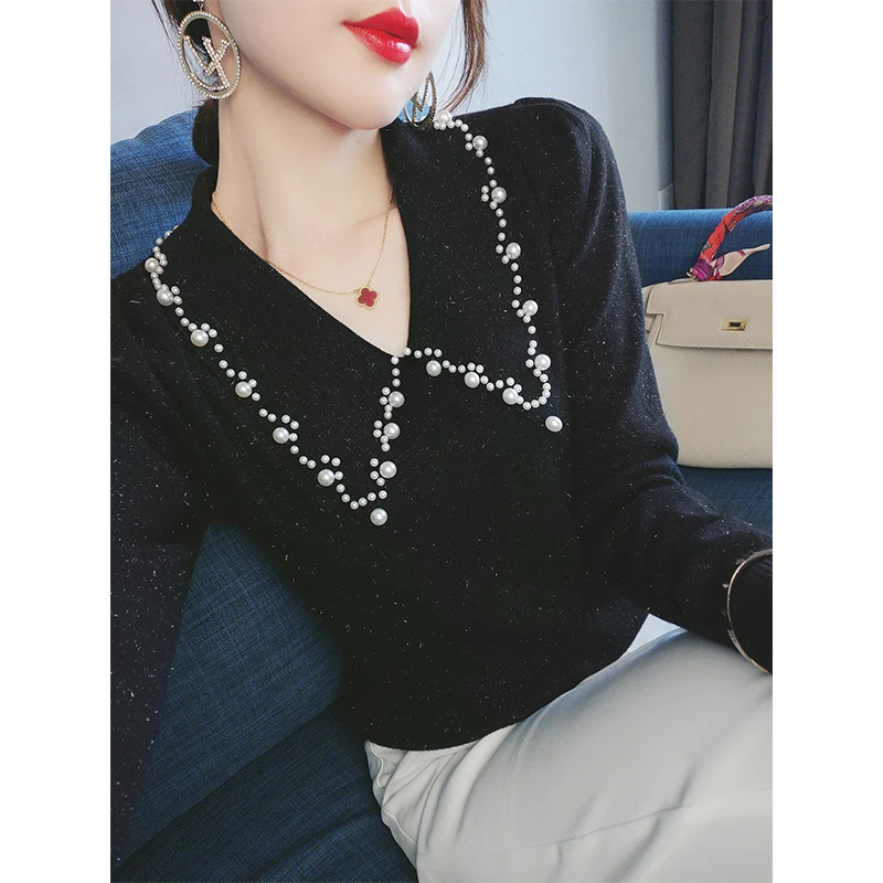 黑色打底衫内搭软糯毛衣女秋装2023年新款重工钉珠亮丝针织衫上衣