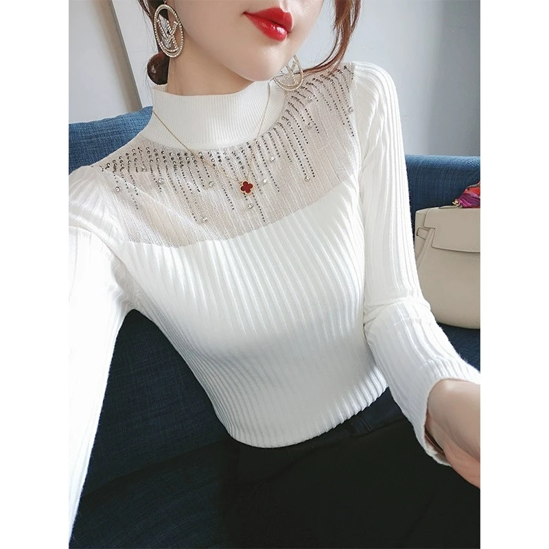 白色针织衫秋装上衣女新款2023年修身显瘦气质烫钻打底衫女士毛衣