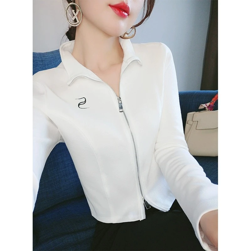 长袖白色女士卫衣新款气质修身港味复古chic上衣短款开衫外套 231