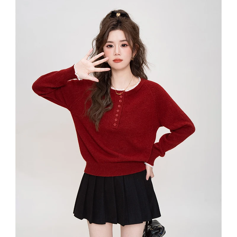 韩系慵懒风时尚圆领长袖针织开衫女初冬新款超好看撞色假两件毛衣