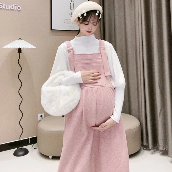 【清酒桃花】孕妇装宽松秋冬可爱粉色中长款背心裙减龄加绒裙子