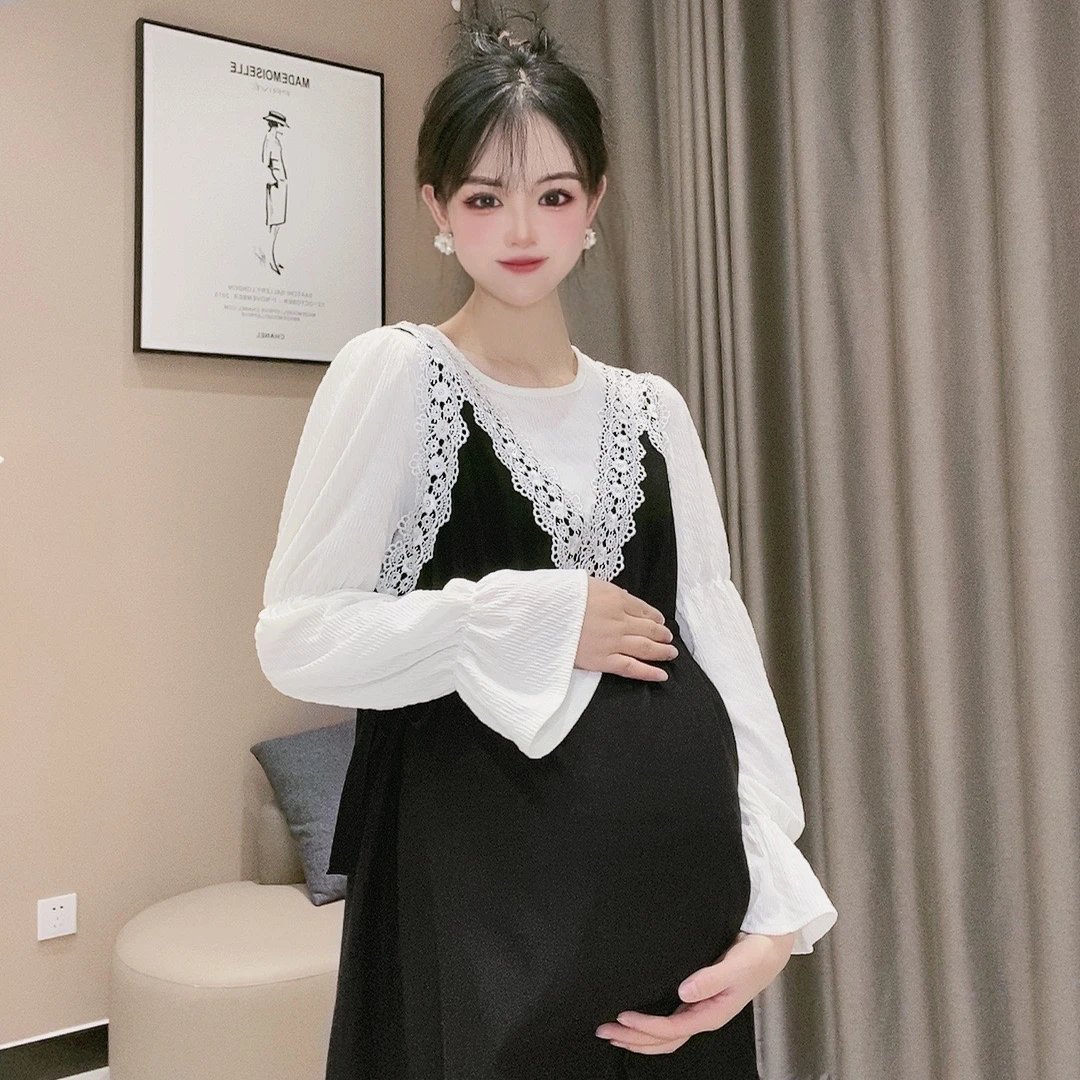 【暗香疏影】孕妇装秋季法式温柔长袖蕾丝宽松连衣裙显瘦真两件套