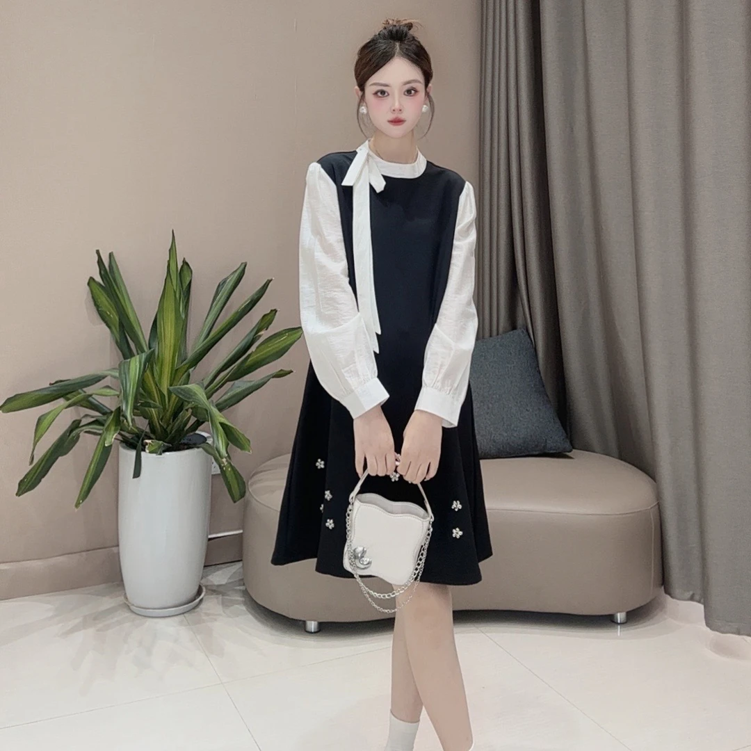 【白月香颂】秋季新款蝴蝶结绑带假两件气质韩系显瘦连衣裙