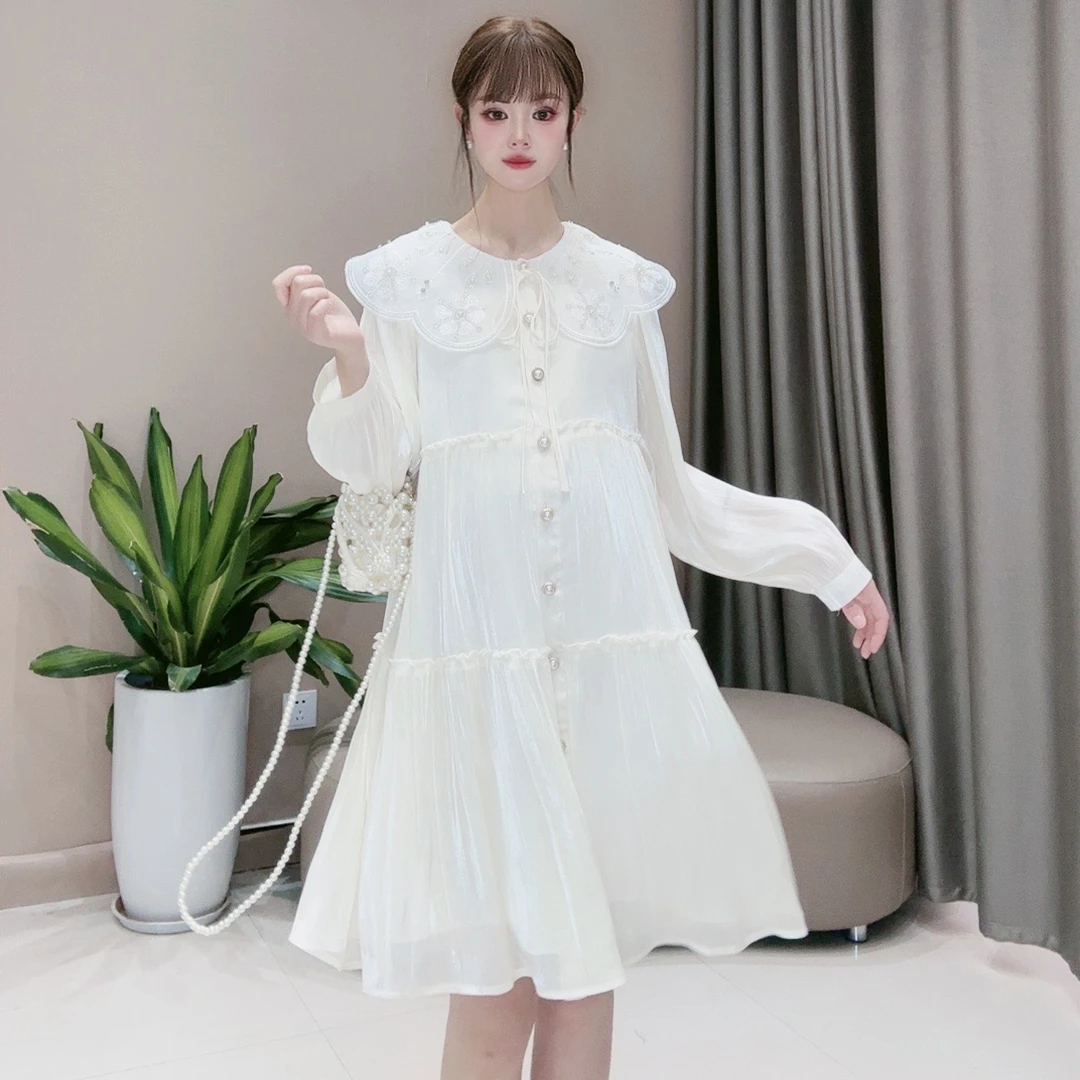 【许愿精灵】孕妇装蕾丝刺绣连衣裙薄荷曼波静奢风小清新娃娃领