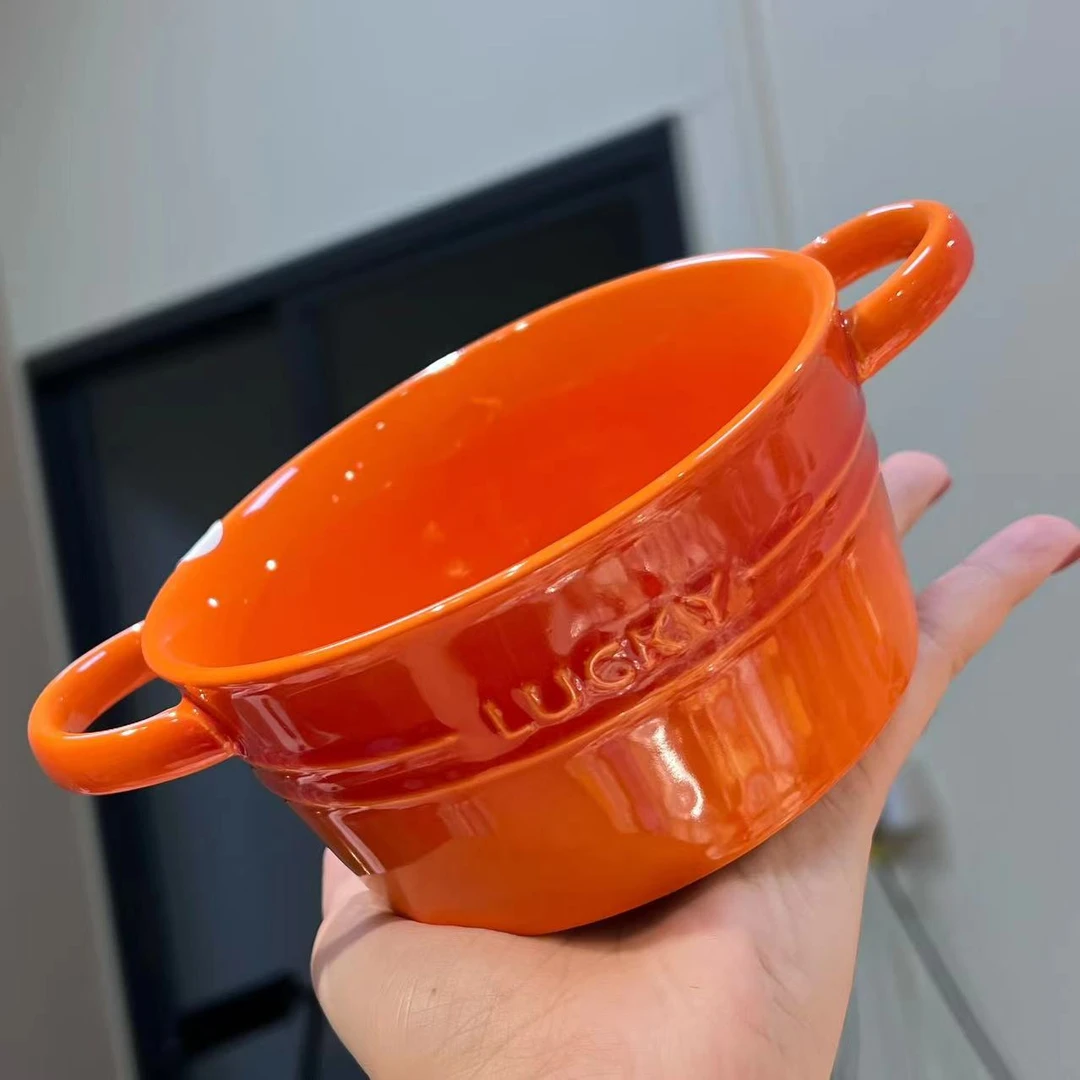 【圆和圈】出口尾单 双耳橙色小号碗焗饭烤碗泡面碗 高颜值陶瓷碗