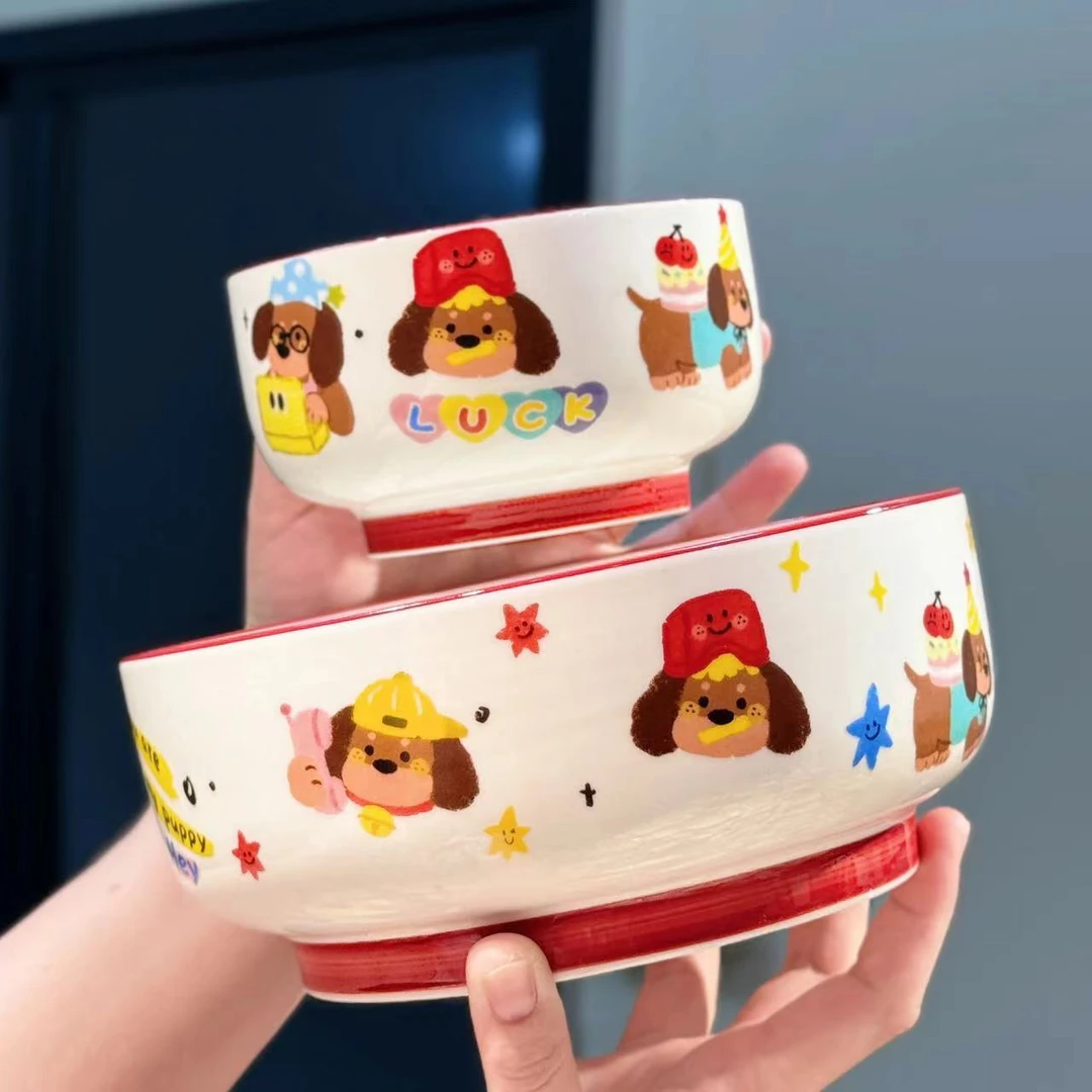 【圆和圈】出口尾单 可爱幸运小狗陶瓷碗 家用米饭碗大汤碗两个装