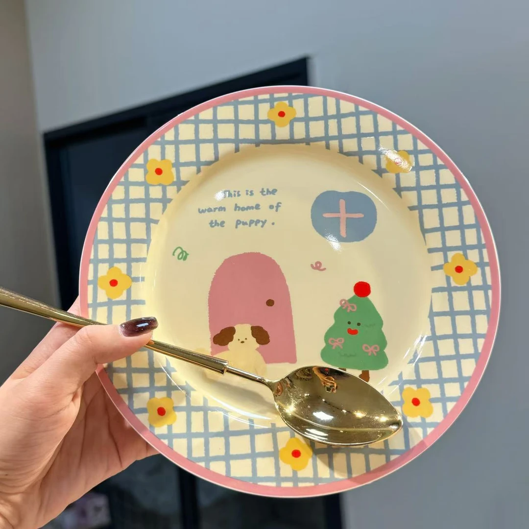 【圆和圈】出口韩国 粉边小狗沙拉陶瓷盘 意面盘牛排盘沙拉盘不带勺