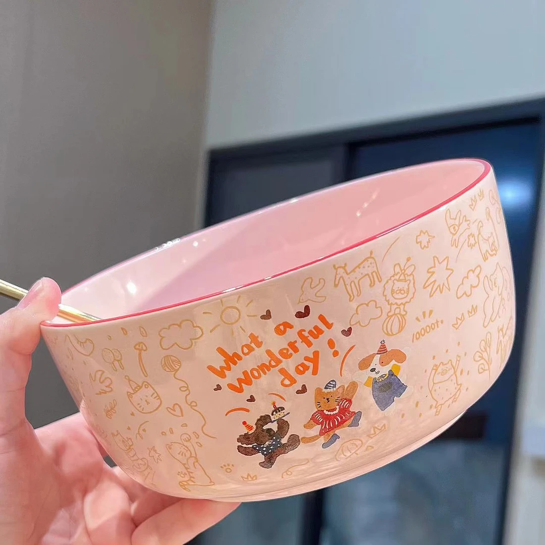 【圆和圈】出口尾单 生日派对粉底红边汤碗 泡面碗沙拉碗不带勺