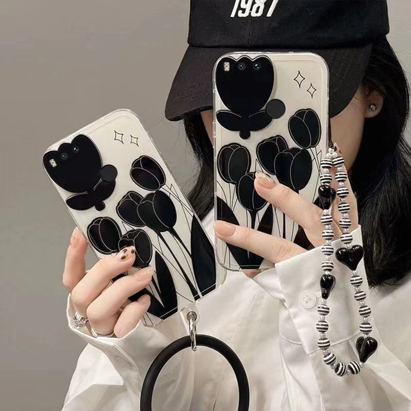 小米5x手机壳女网红ins郁金香日韩mi5X磨砂软壳全包防摔硅胶手环