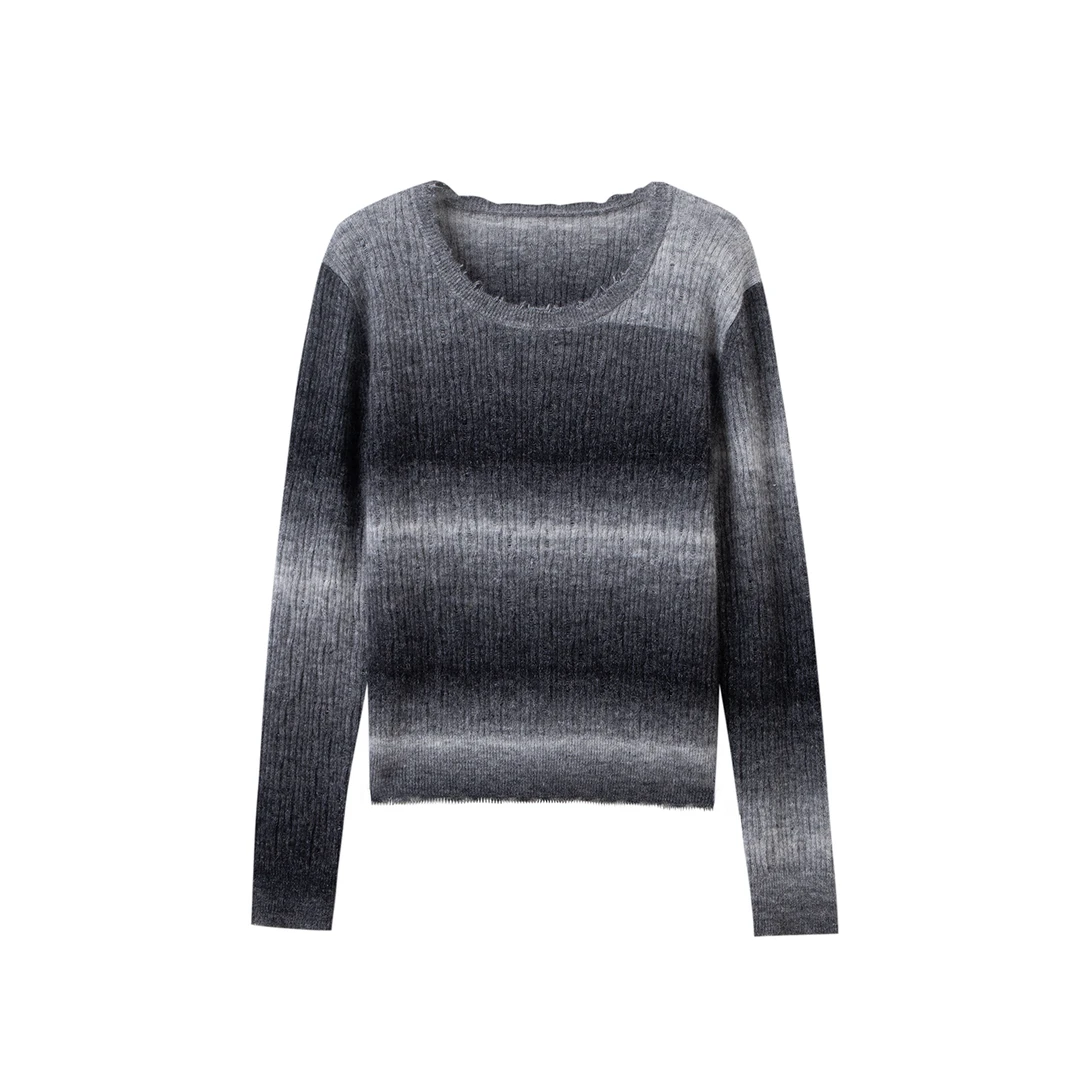 纱超细五彩羊驼渐变领边袖口磨破低圆领长袖DD3150