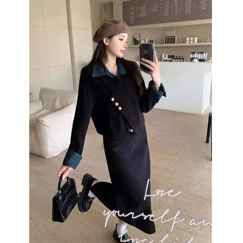 大码穿搭高级感套装秋季假两件上衣胖MM显瘦半身裙两件套T-025