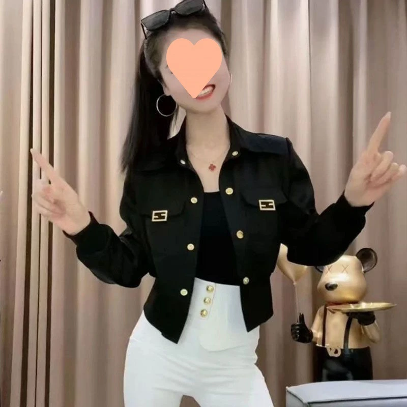 2023年秋季新款勤精致感时尚韩版Polo领外套女夹克单排扣