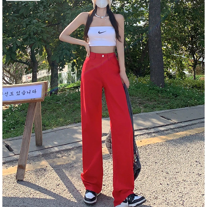 2024春夏季新款小个子高腰百搭显瘦彩色阔腿牛仔裤垂感宽松直筒裤