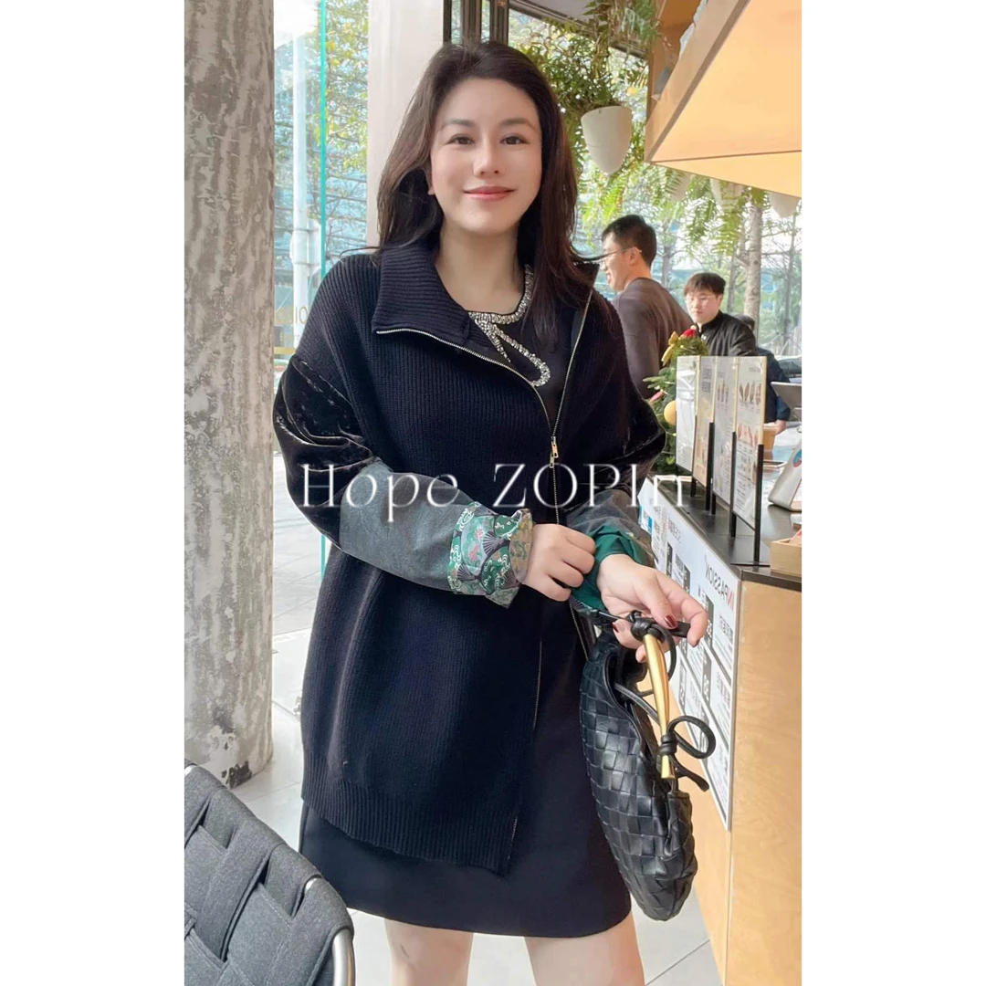 【大G精选】“伏尔加庄园” 小众设计感拼接袖半高领斜拉链针织衫外套