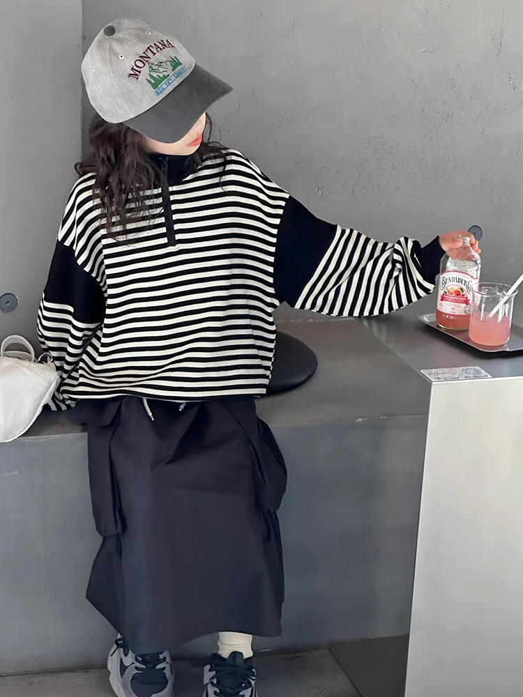 女童套装春秋2024新款儿童条纹卫衣针织衫洋气半身长裙两件套韩版