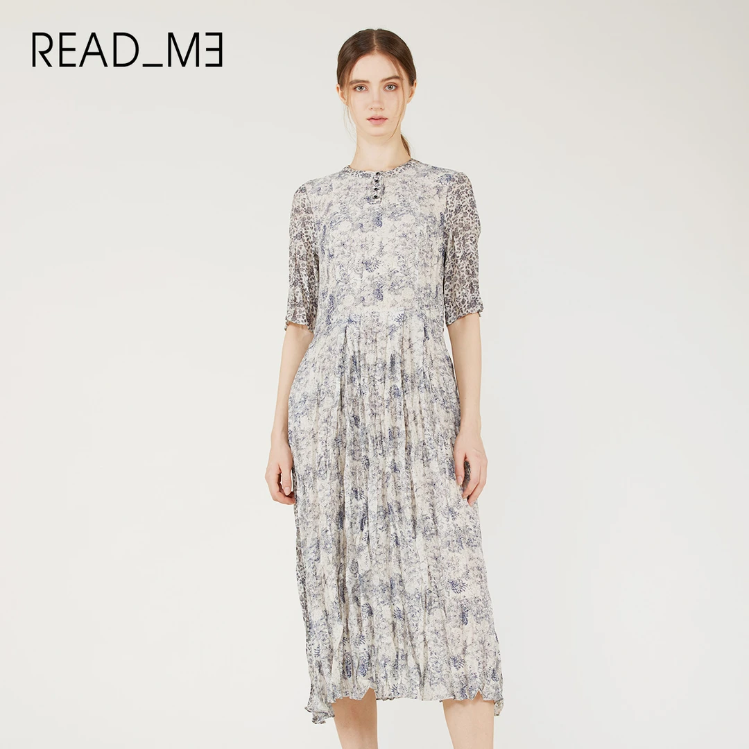 READMET20812488女装连衣裙优雅气质夏季压皱复古印花连衣裙法式