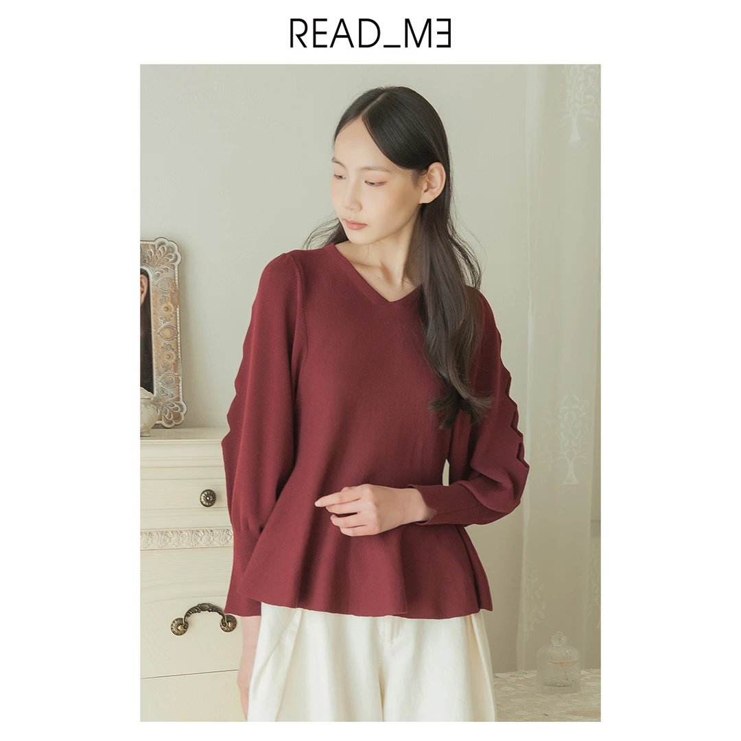 README50210240readme读我22春夏新款女酒红针织衫镂空V领显瘦