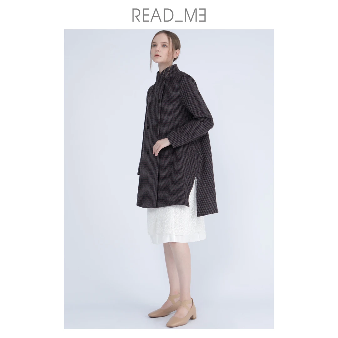 READMET60908288商场同款readme读我简约立领英伦风中长款呢大衣
