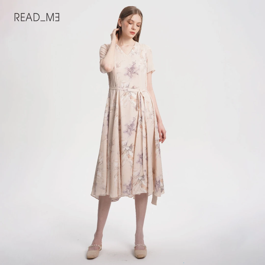 README50811213读我23春夏新品素雅印花知性丝混纺连衣裙气质女士