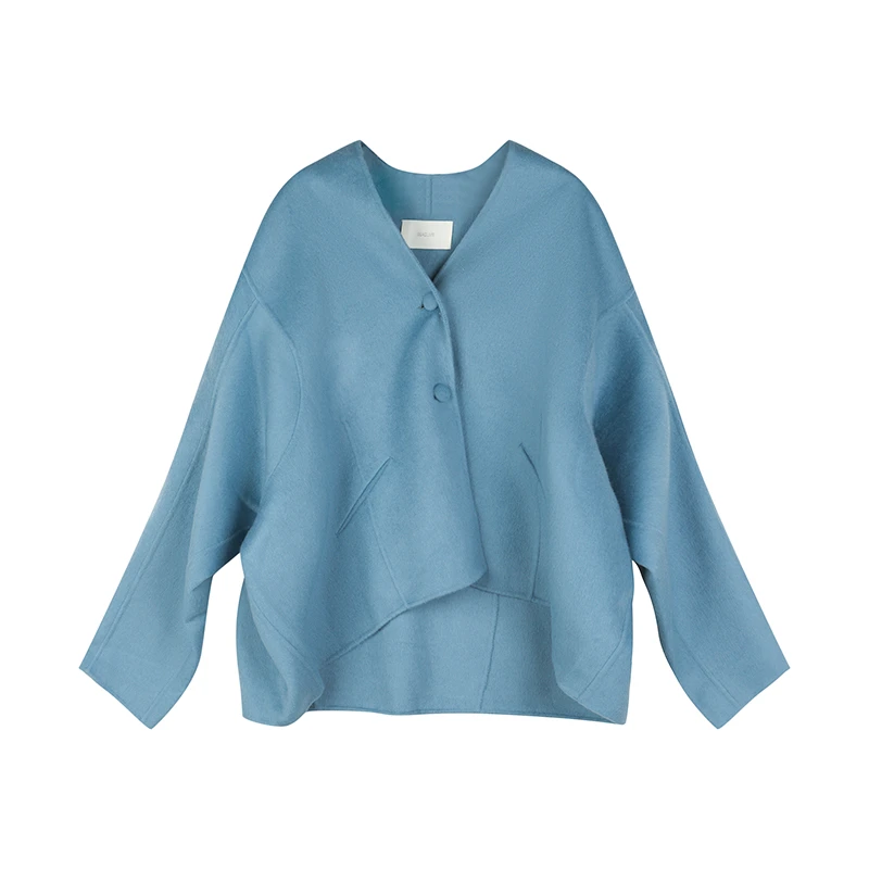 READMEB30907304廓型感无领短大衣休闲时尚秋冬气质短款纯色女士