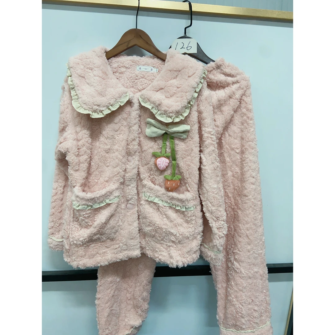 【娃娃领草莓蝴蝶结】大码女士珊瑚绒睡衣女款冬季甜美法兰绒加厚