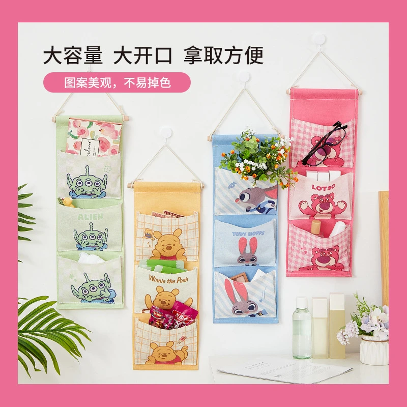[1152]迪士尼新款壁挂式三层布艺收纳袋大容量墙上挂袋