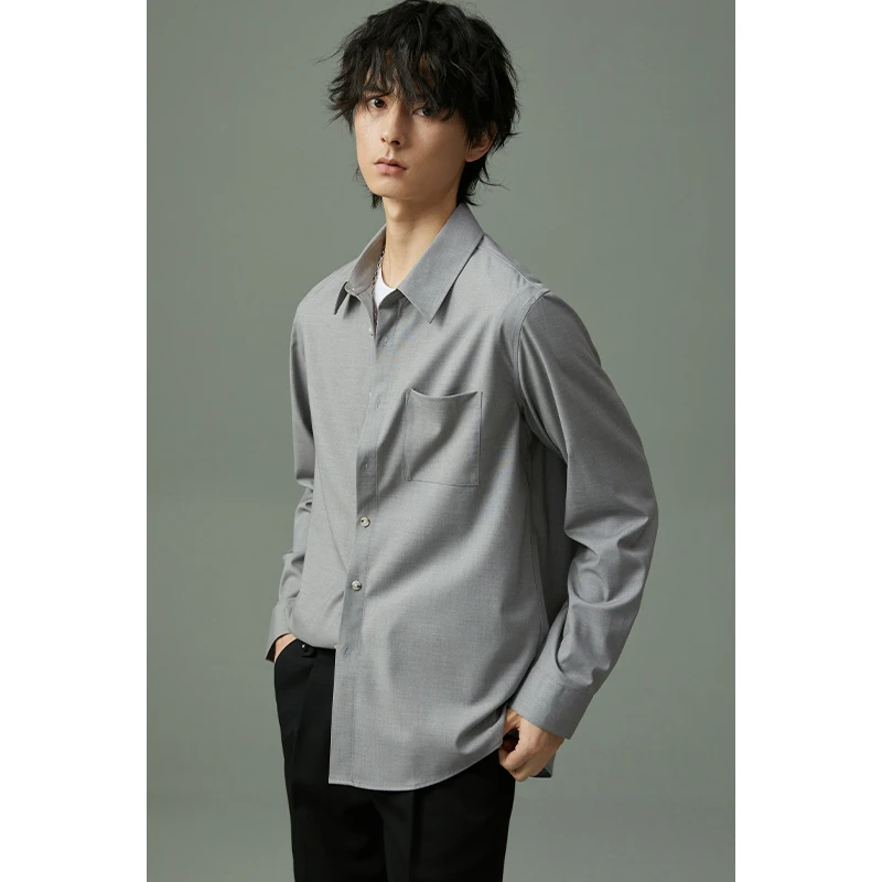 秋季长袖衬衫男宽松百搭休闲衬衣纯色日系风格帅气穿搭青春简约