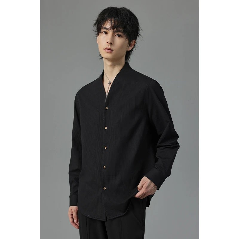 【衬衫简约美学】春秋新款小V领开口满满禁欲系男士长袖衬衫黑白08