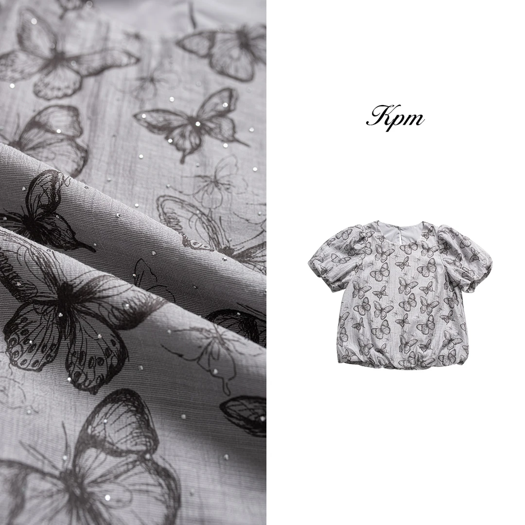 2024夏季新款时尚精致印花蝴蝶满天星烫钻薄款宽松短袖上衣JN5812