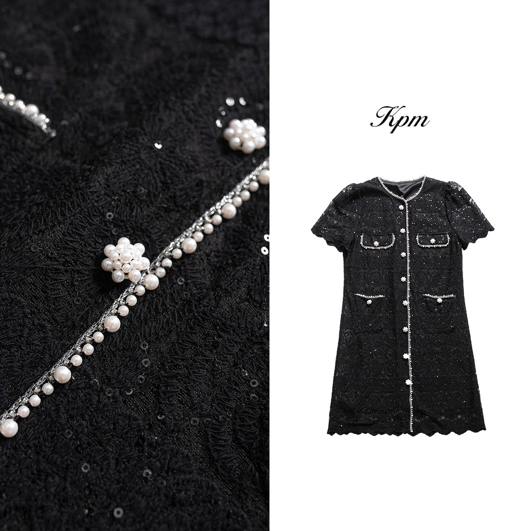 法式轻奢气质重工钉珠水溶蕾丝花亮片优雅收腰薄款连衣裙 JN5824