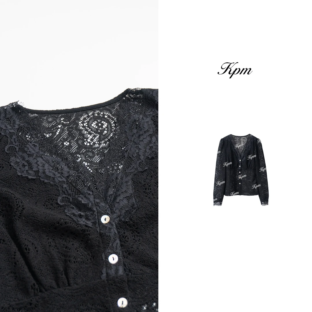 2024秋冬新款V领蕾丝上衣女法式修身显瘦内搭别致打底衫女JN6803