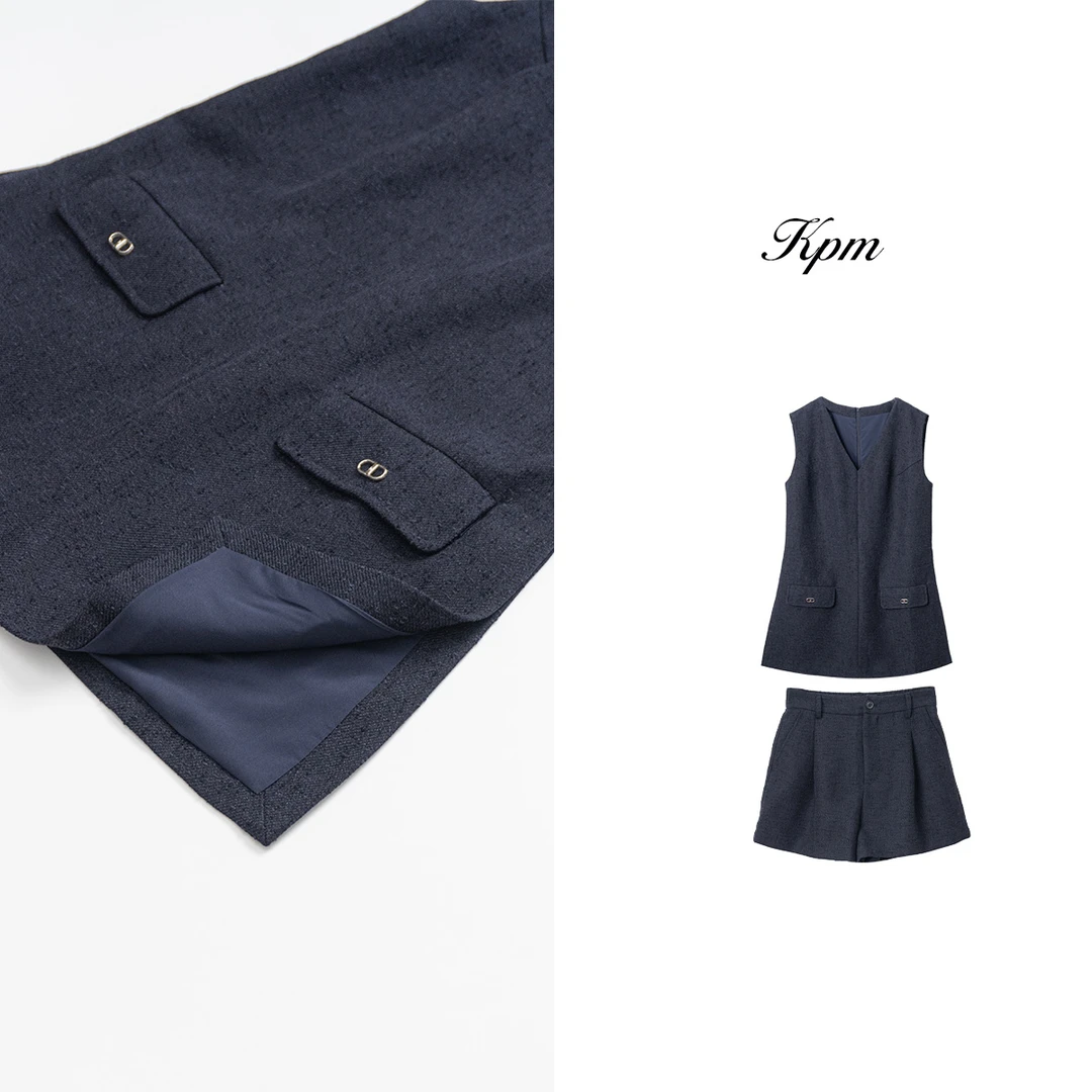 2024新款气质时尚百搭精致优雅V领高奢无袖马甲短裤两件套 JN6178