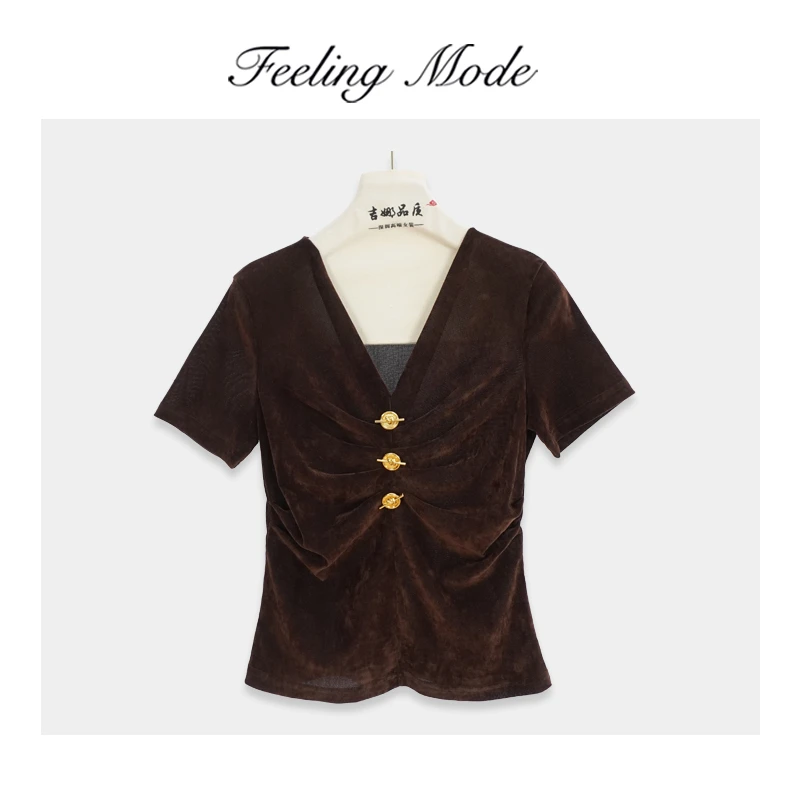2023夏季新款气质V领褶皱女士上衣修身显瘦短袖JN4220