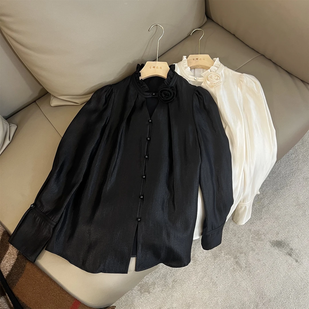 设计感洋气轻奢镂空领纯色山茶花衬衫JN5176