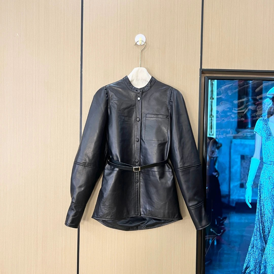 气质系腰侧兜单排扣圆领皮衣女JN0931