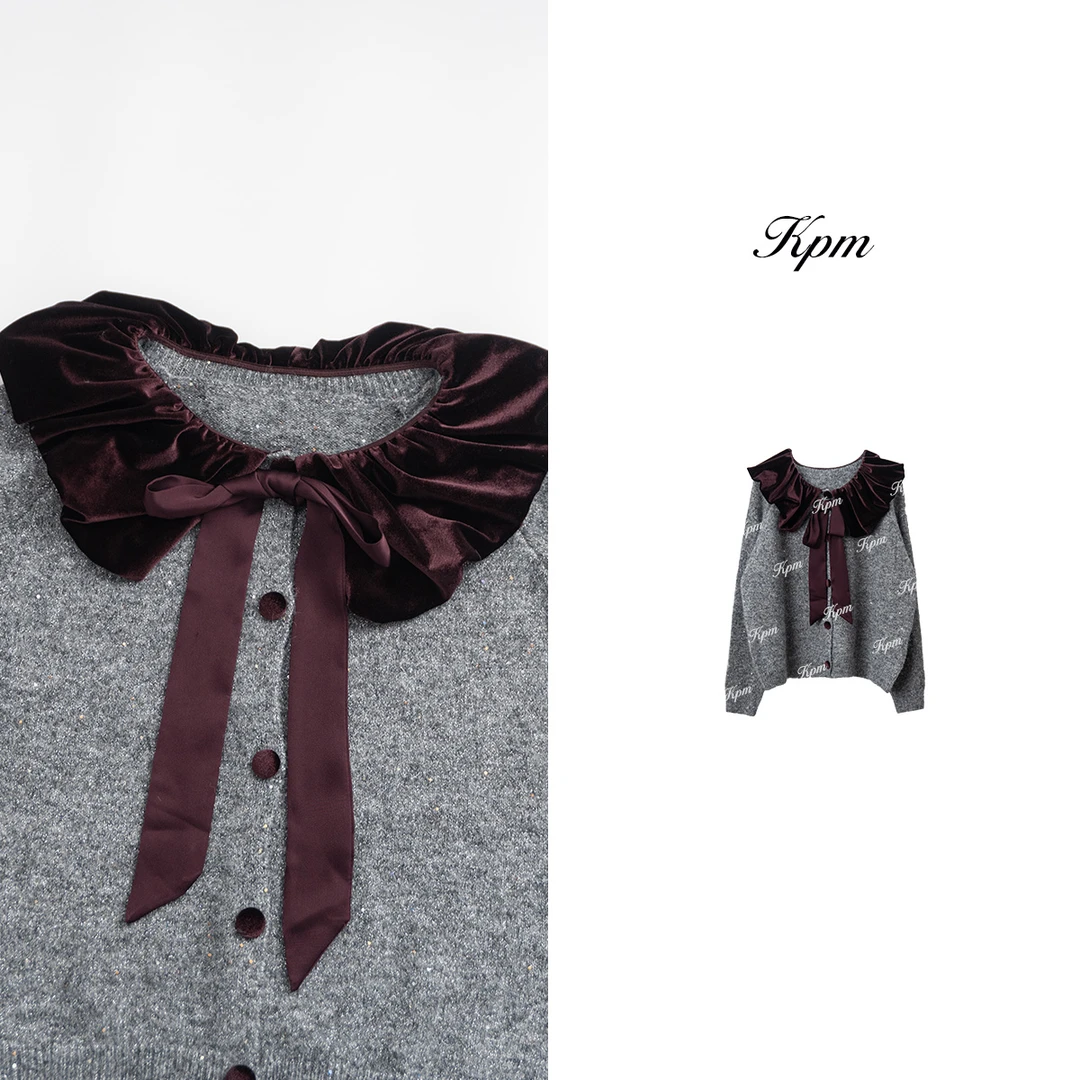 2024新款时尚气质休闲慵懒风气质拼接丝绒领飘带亮片开衫JN6647