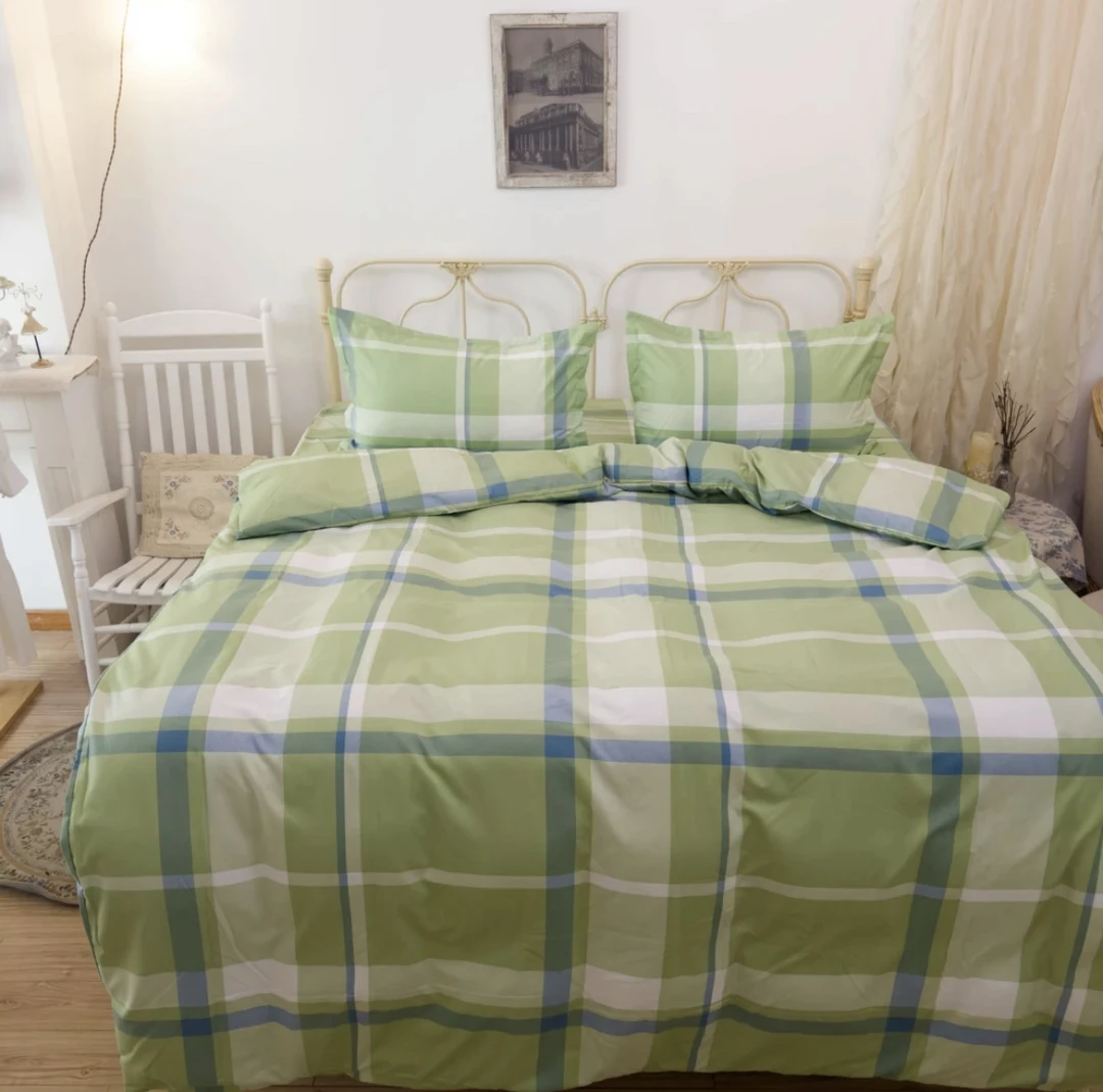 高支高密水洗斜纹棉2.5米床单【简约绿格】