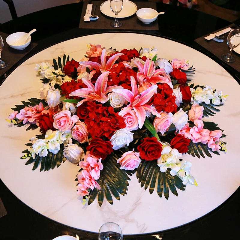 饭店圆桌中间摆花仿真花装饰花假花绢花酒店餐桌转盘桌面摆设花艺