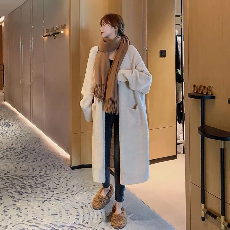 长款开衫外套女2024秋冬新款韩版时尚学生针织衫蓝色毛衣女外穿潮